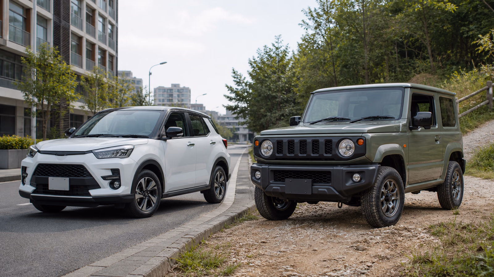Редакционная иллюстрация к материалу «Suzuki Jimny или Toyota Raize»