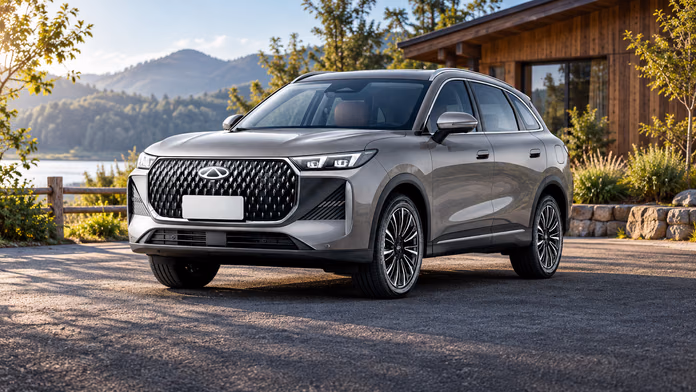 Серый Chery Tiggo 8 Tiger у озера; синтетическая редакционная иллюстрация