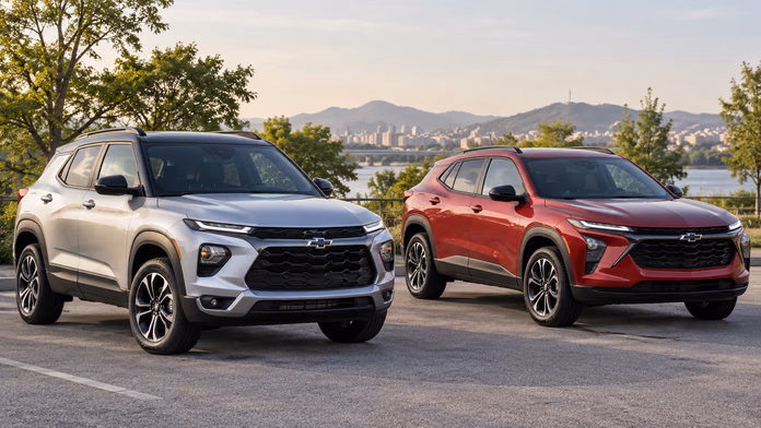 Серебристый Chevrolet Trailblazer и красный Trax Crossover в парке — синтетическая редакционная иллюстрация
