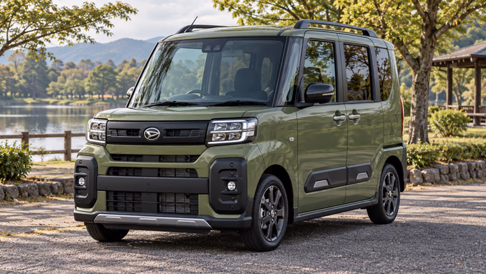 Зелёный Daihatsu Tanto FunCross у парка; синтетическая редакционная иллюстрация.