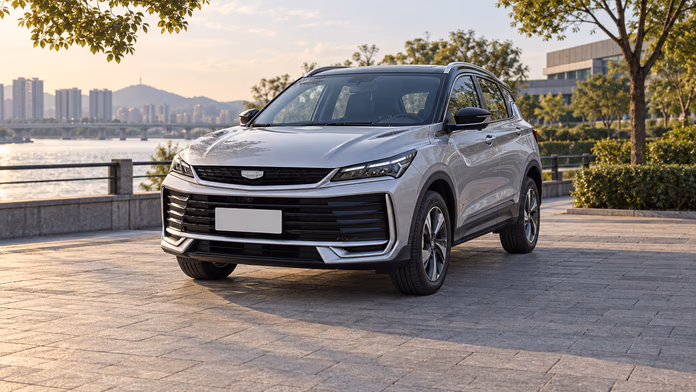 Серебристый Geely Binyue L на городской набережной; синтетическая редакционная иллюстрация