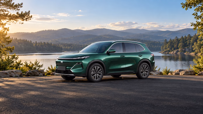 Зелёный Geely Galaxy Xingjian 7 у озера; синтетическая редакционная иллюстрация
