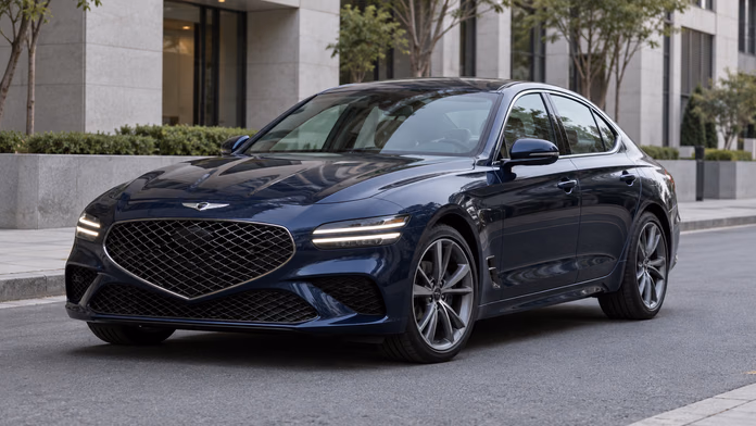 Тёмно-синий Genesis G70 у современного здания — синтетическая редакционная иллюстрация