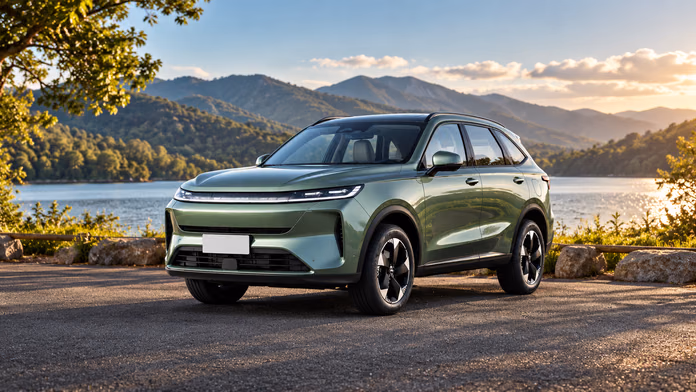 Зелёный Haval H6L на береговой стоянке; синтетическая редакционная иллюстрация