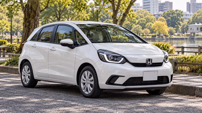 Белая Honda Fit у городского парка; синтетическая редакционная иллюстрация.