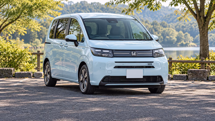 Голубой Honda Freed AIR EX на стоянке среди деревьев; синтетическая редакционная иллюстрация