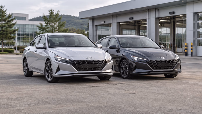 Два седана Hyundai Avante / Elantra CN7 у современного здания; синтетическая редакционная иллюстрация