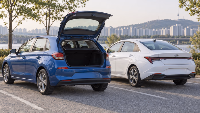 Синий Hyundai i30 с открытым багажником и белый Avante CN7 у озера — синтетическая редакционная иллюстрация