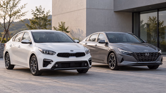 Белый Kia K3 BD и серый Hyundai Avante CN7 у современного здания — синтетическая редакционная иллюстрация