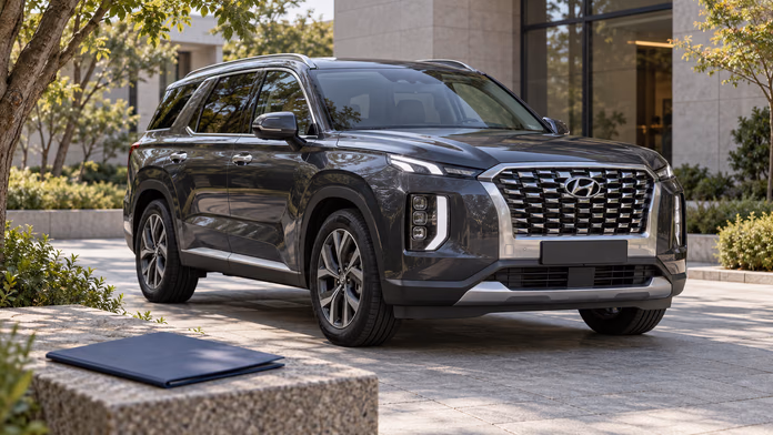 Тёмно-серый Hyundai Palisade возле здания и закрытая папка на скамье — синтетическая редакционная иллюстрация