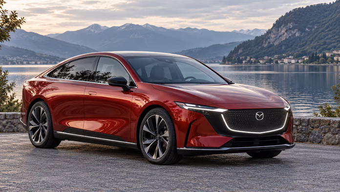 Красная Mazda EZ-6 на площадке у озера; синтетическая редакционная иллюстрация.