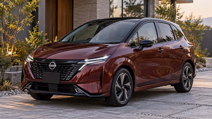 Бордовый Nissan Note Aura у дома; синтетическая редакционная иллюстрация.