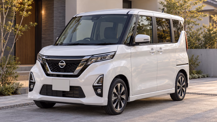 Белый Nissan Roox у дома; синтетическая редакционная иллюстрация.