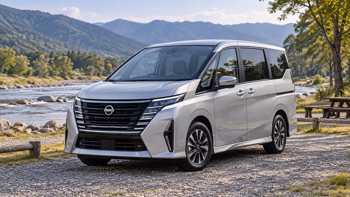 Белый Nissan Serena у реки; синтетическая редакционная иллюстрация.
