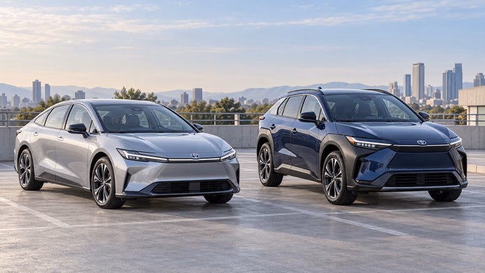 Серебристый седан Toyota bZ3 и синий кроссовер Toyota bZ4X на открытой парковке; синтетическая редакционная иллюстрация.