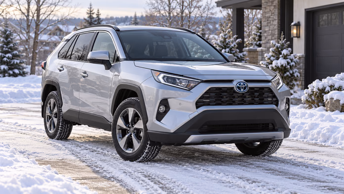 Серебристая Toyota RAV4 на заснеженном подъезде; синтетическая редакционная иллюстрация.