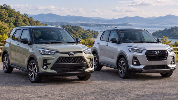 Toyota Raize и Daihatsu Rocky на загородной парковке; синтетическая редакционная иллюстрация.