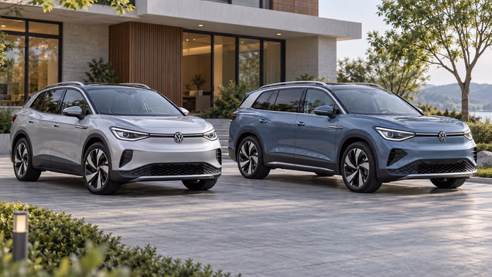 Серебристый Volkswagen ID.4 CROZZ и голубой ID.6 CROZZ перед домом; синтетическая редакционная иллюстрация.