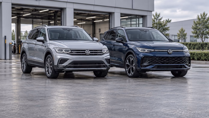 Серебристый и тёмно-синий Volkswagen Tiguan перед автомобильным центром; синтетическая редакционная иллюстрация